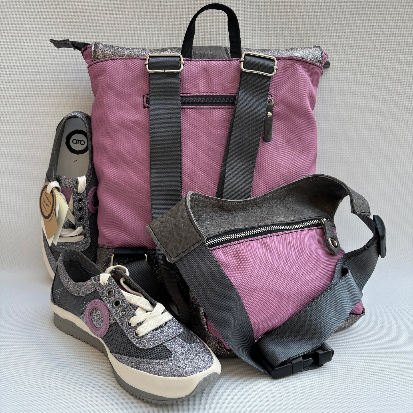 "Súper Pack Caomka" Mochila + Riñonera + Zapatillas ARO · Piezas únicas 15886 + 15887